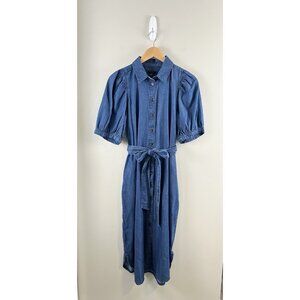 Anne Taylor Women’s Denim Midi Shirt Dress Puff Sleeve Button Front Sz Lg Petite